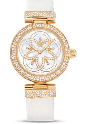 Omega Ladies De Ville Ladymatic Watch - 34 mm Yellow Gold Case - Snow-Set Diamond Paved Bezel - Mother-Of-Pearl Marquetry Diamond Dial - White Leather Strap - 425.67.34.20.55.005