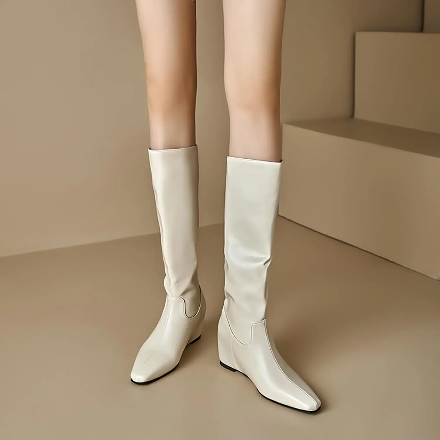 Women's Leather Flat Knee High Boots Fashion Comfort Pointed Toe Pull-on Anti-slip Soft Bottom Riding Boots for Party Dress Knight Boots