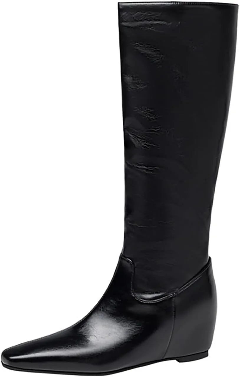 Women's Leather Flat Knee High Boots Fashion Comfort Pointed Toe Pull-on Anti-slip Soft Bottom Riding Boots for Party Dress Knight Boots