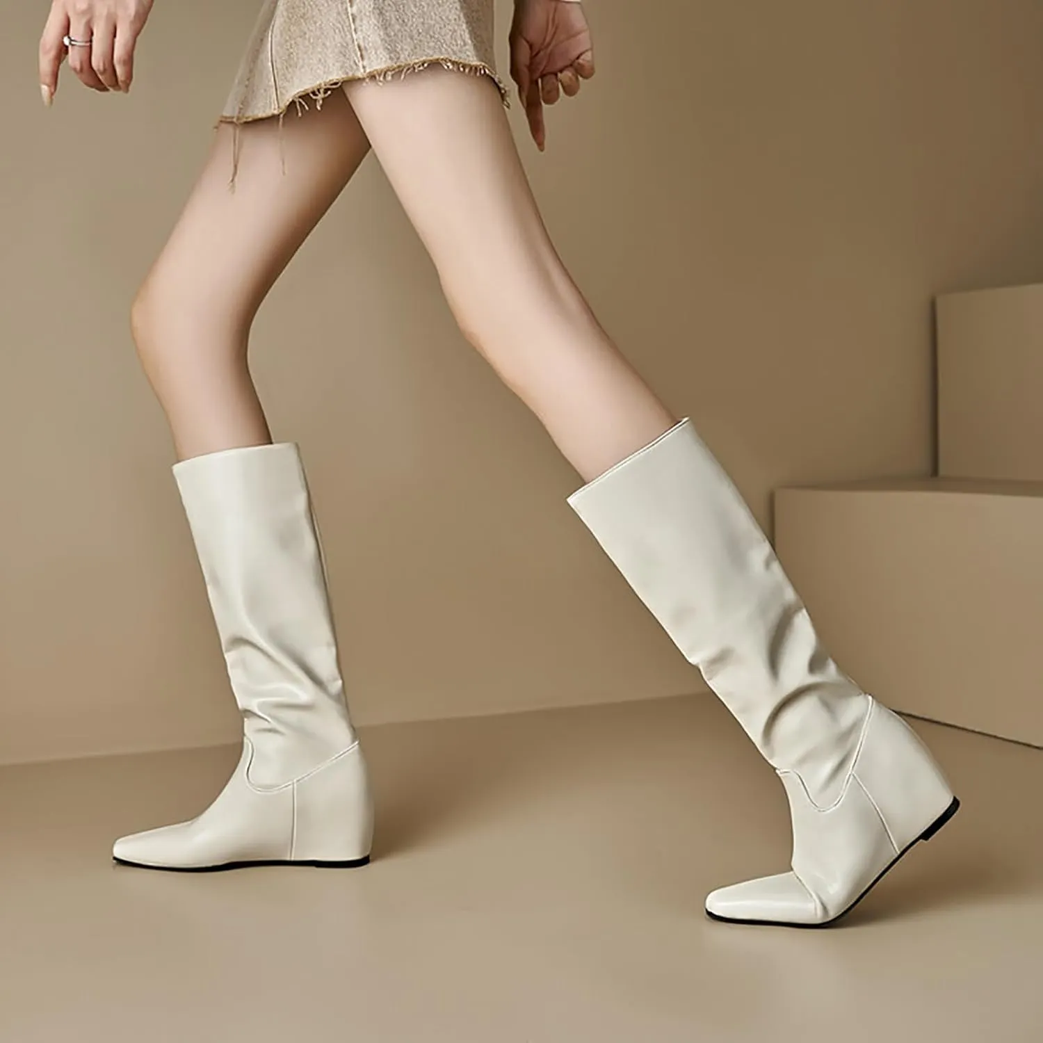 Women's Leather Flat Knee High Boots Fashion Comfort Pointed Toe Pull-on Anti-slip Soft Bottom Riding Boots for Party Dress Knight Boots
